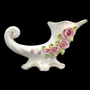 Vintage 1960s Porcelain Cornucopia Vase "Horn of Plenty" Japan - Applied Roses